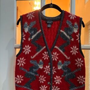 Vtg Limited Handknit Shetland Wool Nordic Red Skiing Winter Sweater Vest Women M